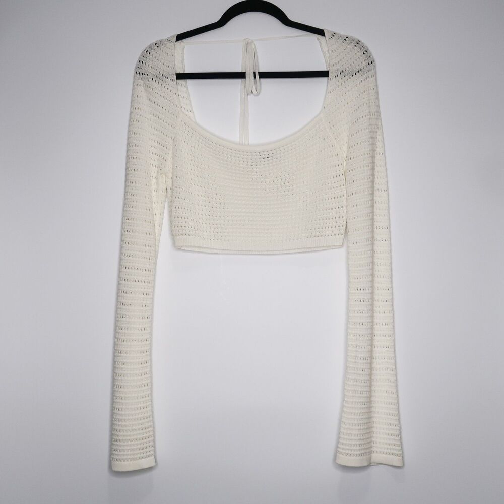 Tic Toc Womens Cropped Sweater Top Size Large White‎ Crochet Knit Festival Boho